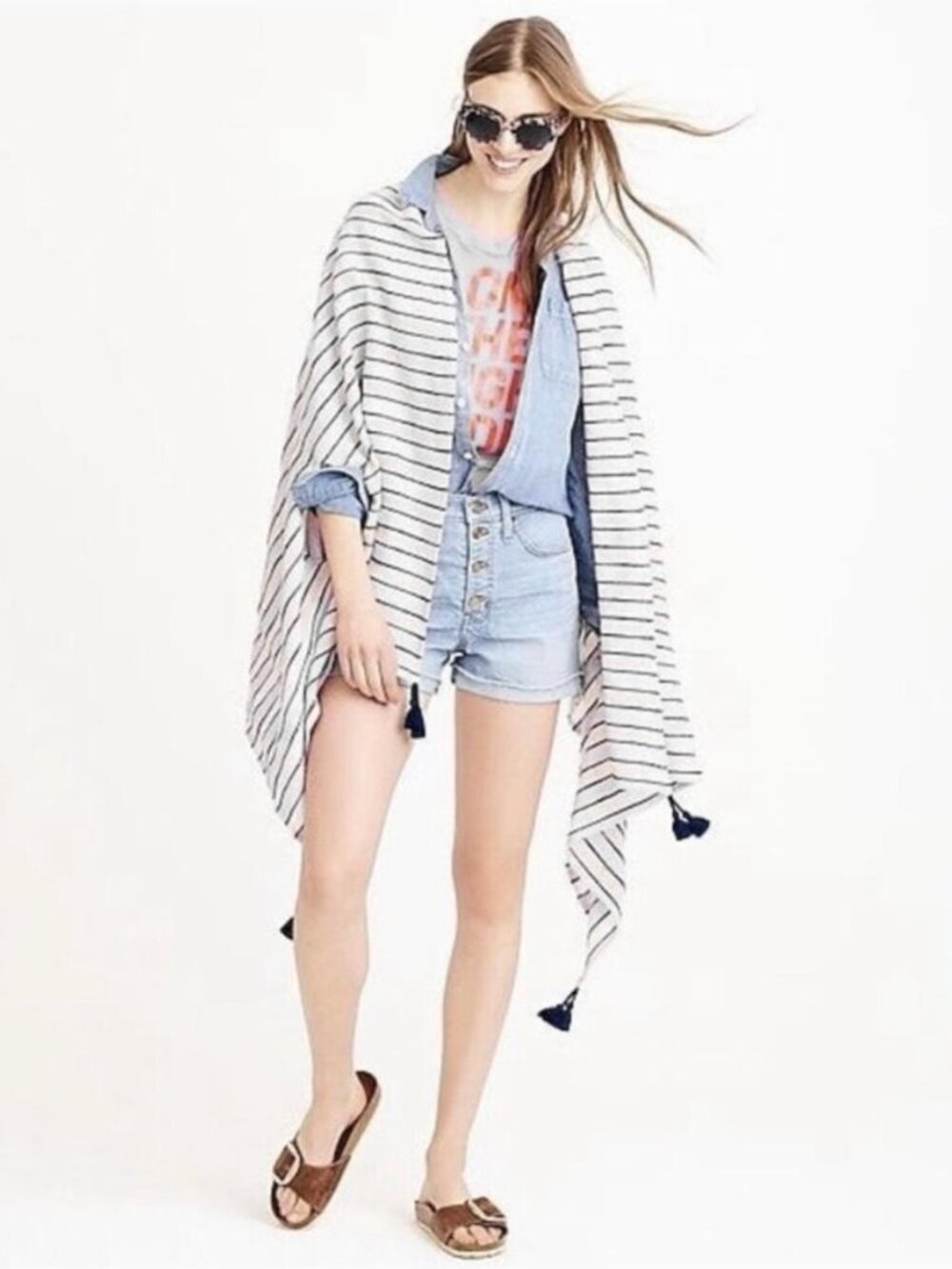 J Crew Lightweight Black and White Striped Poncho/Kimono with Tassles